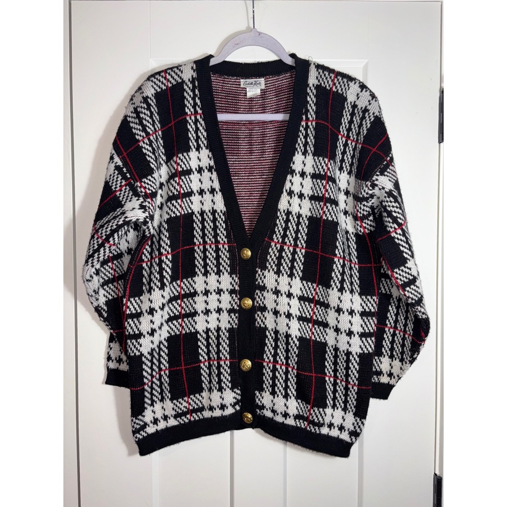 Vintage Cuddle Knit Plaid Cardigan Sweater Size M Black/White/Red Gold Buttons